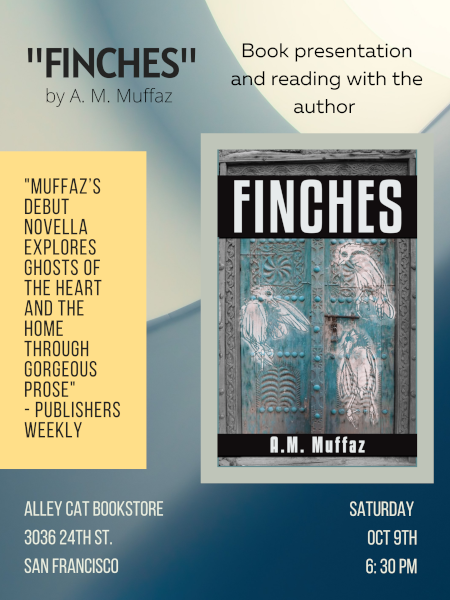 e-flyer for Finches reading at Alley Cat Bookstore & Gallery